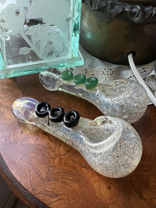 Ripkitty 4” Silver Fumed Frit Glass Pipe - Marble Accented Dry Herb Spoon
