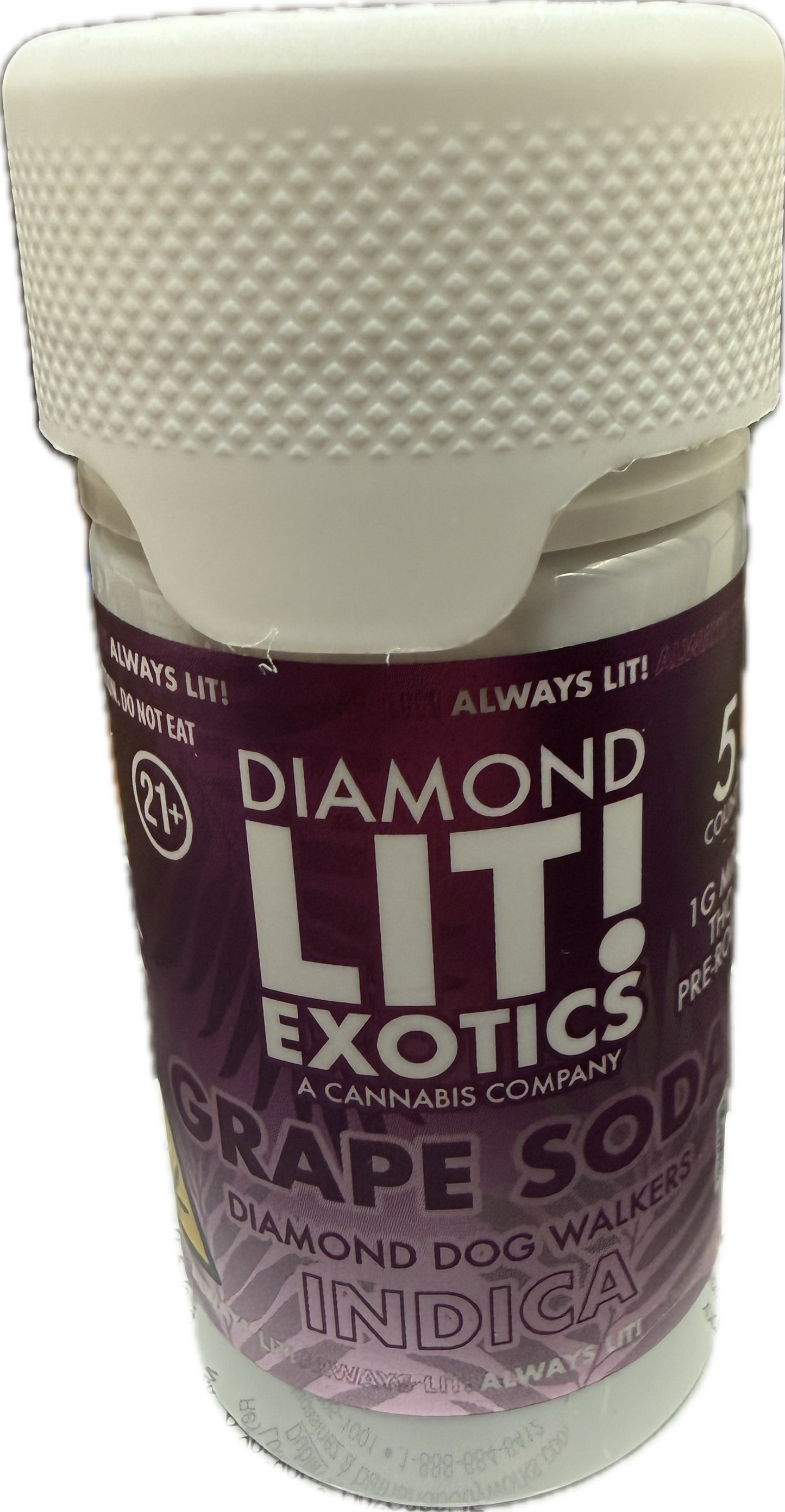 Diamond Lit! – Exotics Dog Walkers – 5CT Jar – 1G D-8 Pre-Rolls (Sat. / Hybr. / Indi.)